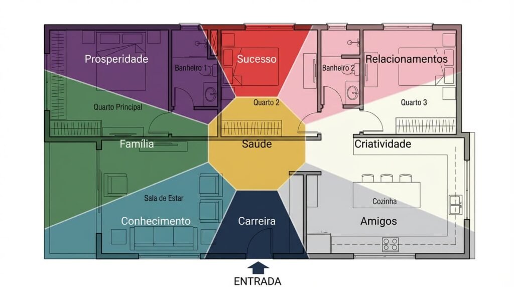 Como Aplicar o Mapa Baguá na sua Casa: Escola do Chapéu Negro: A mais popular no Ocidente, alinha a área do Trabalho, Espiritualidade e Amigos com a parede da porta de entrada principal da casa ou do cômodo.